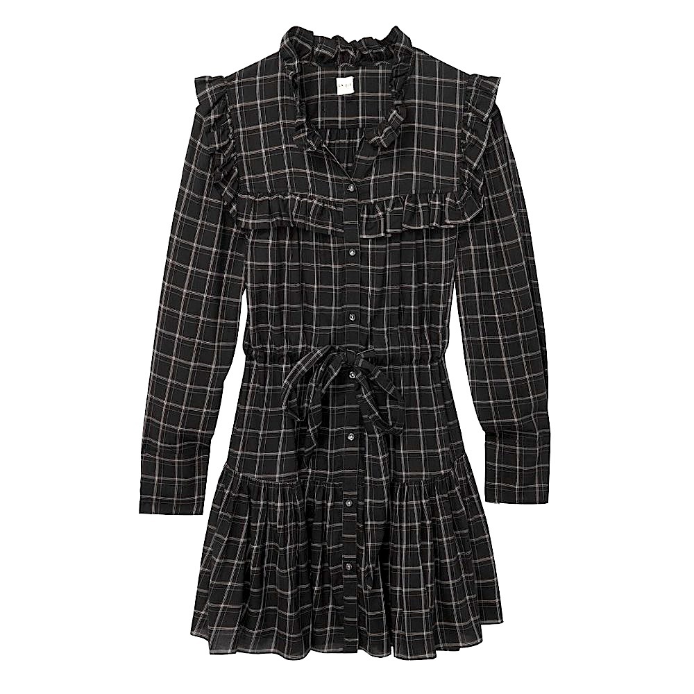 Rebecca Taylor La Vie Drapey Plaid Long Sleeve Belted Ruffle Dress - Black Combo - Picture 5 of 16